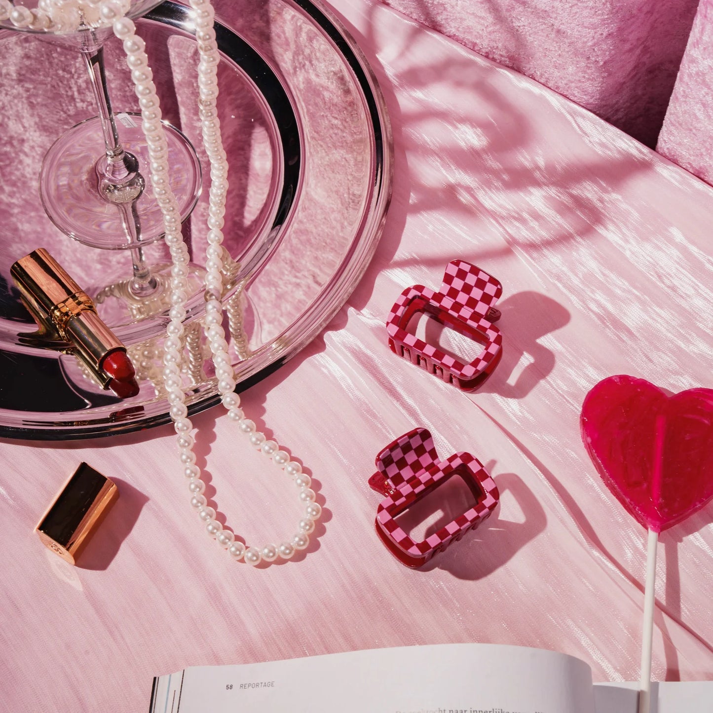 Haarknijper Medium Viv | Roze/Rood geruit